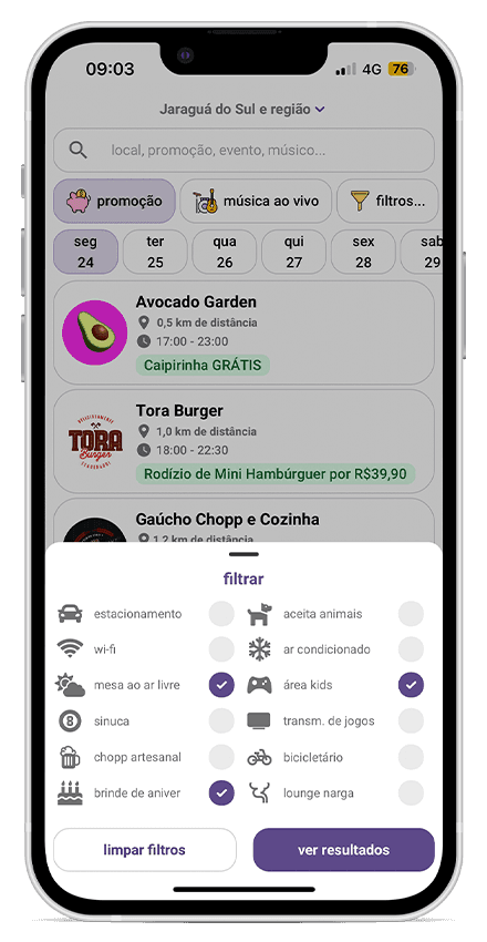 Imagem dos filtros do Favorito